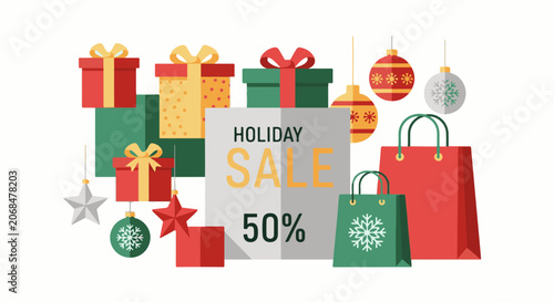 Colorful holiday sale advertisement with presents, ornaments, and shopping bags