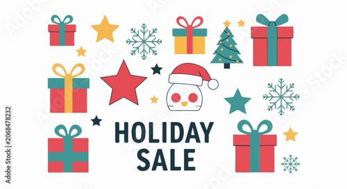 Colorful holiday sale advertisement with presents, stars, and snowflakes