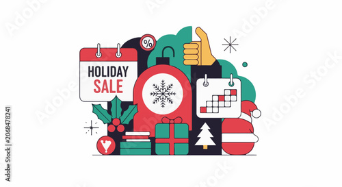 Colorful holiday sale graphic with calendar, clock, gifts, and festive icons