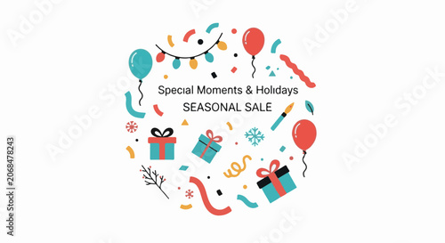 Colorful holiday sale graphic with balloons, gifts, and confetti