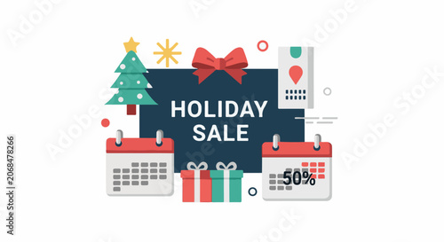 Colorful holiday sale graphic with calendar, gifts, and tree