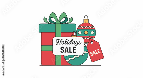 Colorful holiday sale graphic with gift box and ornaments