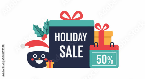 Colorful holiday sale graphic with gifts, a penguin, and a 50% discount