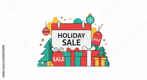Colorful holiday sale graphic with presents and trees