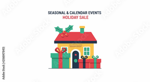 Colorful house with holiday gifts and holly on the roof