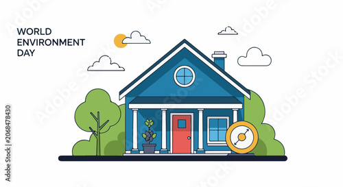 Colorful house with red door and green trees on World Environment Day