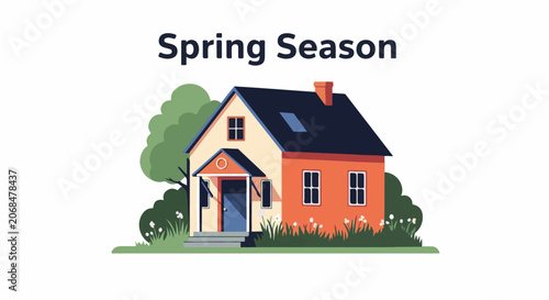 Colorful house with a black roof and chimney surrounded by flowers and trees