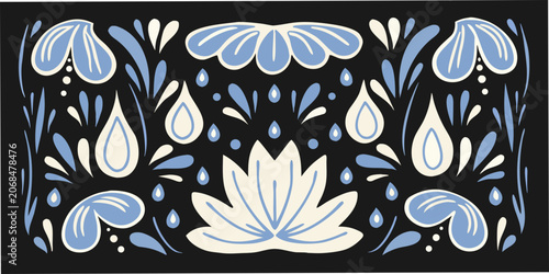 Floral ornament with droplet shapes blue and white vector illustration