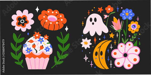 Floral ornament and ghostly figure colorful vector illustration