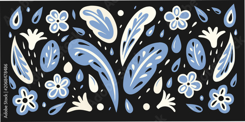 Water droplet and floral pattern light blue and white on black