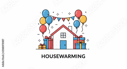 Colorful housewarming scene with house, balloons, gifts, and bunting