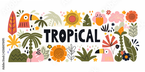 Tropical floral ornament with stylized plants and birds vector illustration