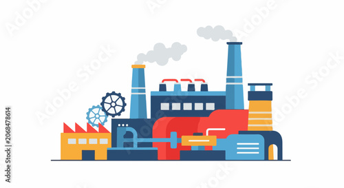 Colorful cartoon illustration of industrial factory complex with smokestacks