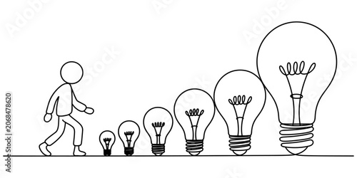 Cuadro en lienzo A simple stick figure man walking past a row of light bulbs that keep getting bi