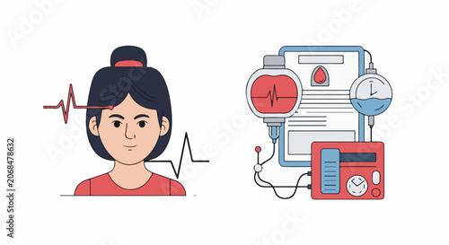 A woman with a heart rate line and medical equipment