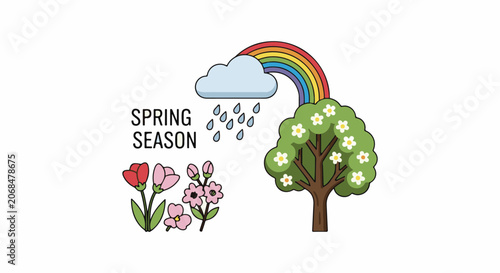 Colorful cartoon illustration of spring season with rainbow, cloud, flowers, and tree