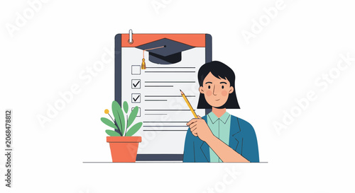 A woman with a pencil looks at a clipboard with a checklist and graduation cap