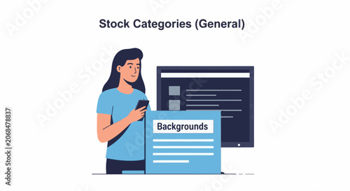 A woman with a smartphone and a laptop with a backgrounds webpage