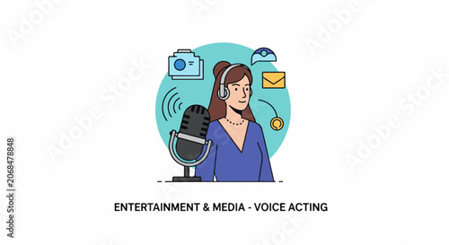 A woman with a headset speaks into a microphone surrounded by media icons
