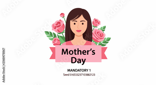 A woman with brown hair and pink roses behind her head, with a pink banner