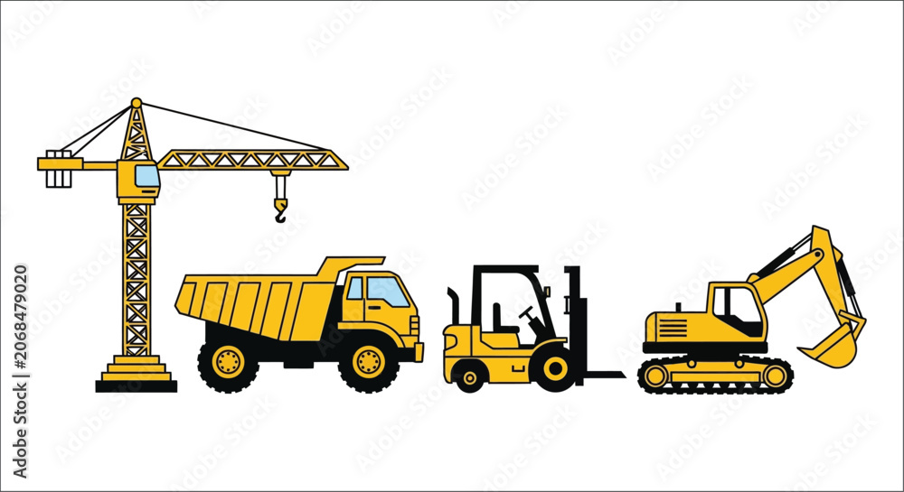 Obraz premium Construction equipment illustration featuring a tower crane dump truck bulldozer and excavator on a white background