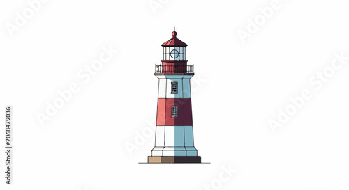 Colorful lighthouse with red and white stripes on a rocky base
