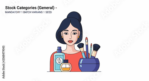 A woman with dark hair and orange shirt surrounded by makeup and cosmetics