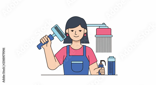 A woman with dark hair and pink shirt holds a comb and spray bottle