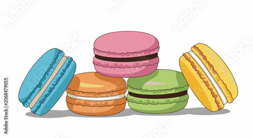 Colorful macarons stacked and arranged on a plain white background