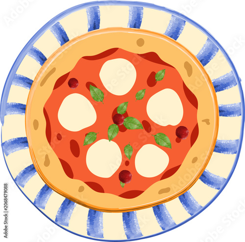 Hand Drawn Margherita Pizza Watercolor Sticker on Striped Plate