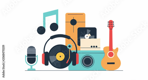 Colorful music equipment collection with guitar, vinyl, and headphones