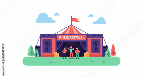 Colorful music festival scene with tent and speakers
