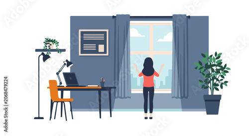 A woman looks out the window from her desk with a laptop and plants