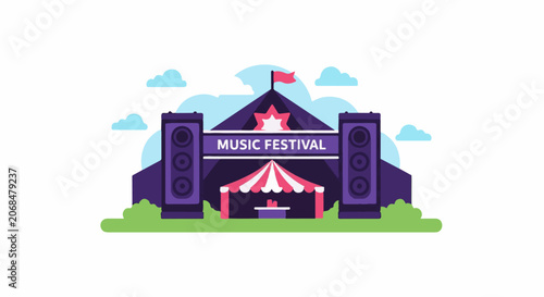 Colorful music festival stage with speakers and tent