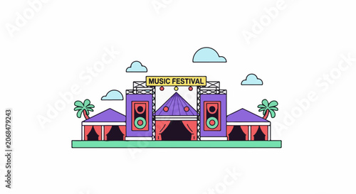 Colorful music festival stage with purple tents and speakers