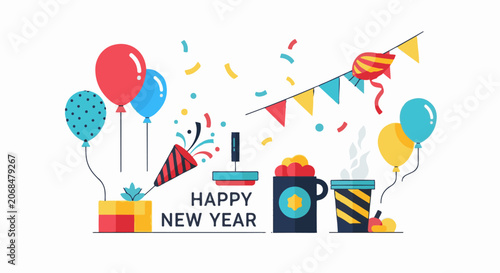 Colorful New Year's celebration with balloons, confetti, and party items