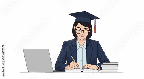 A woman with glasses and a graduation cap writes in a book