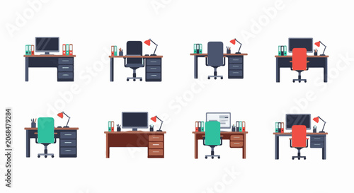 Colorful office desks with computers and office supplies
