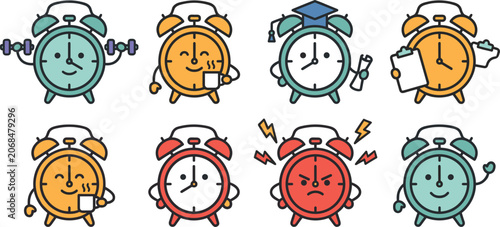Photos Cute cartoon alarm clock character set with funny twin bell clocks daily routine