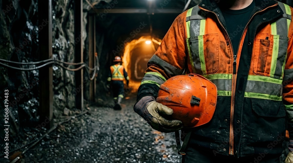 Obraz premium Underground coal miner holding safety helmet in dark tunnel industrial workplace safety