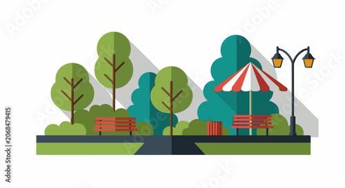 Colorful park scene with trees, benches, and lamp post