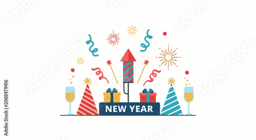 Colorful New Year's celebration graphic with fireworks, gifts, and champagne