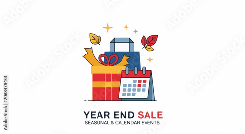 Colorful illustration of gifts, calendar, and leaves for year-end sale