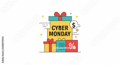 Colorful illustration of gifts with Cyber Monday text