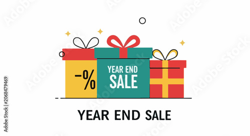 Colorful illustration of gifts with Year End Sale text