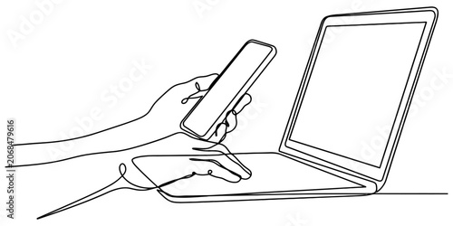 Continuous line drawing of a person using a smartphone and a laptop computer for work or study showing digital connection and modern technology at home office Vector, illustration