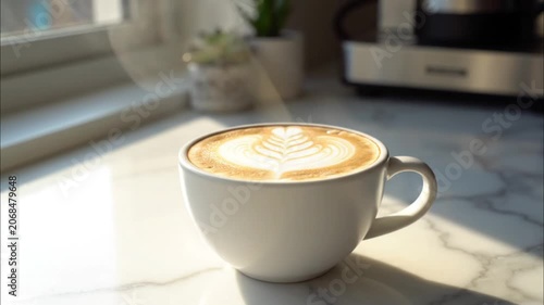 Creamy Latte Art In Sunlit Morning Setting