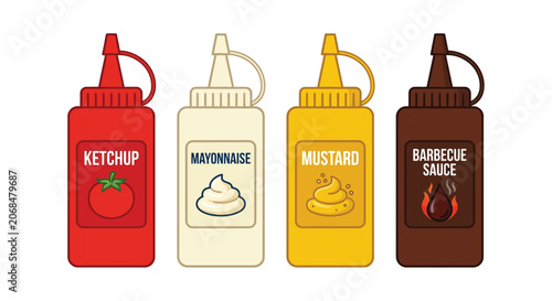 Bild auf Leinwand Four condiment bottles ketchup mayonnaise mustard and barbecue sauce in a vector