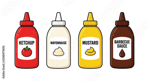Bild auf Leinwand Four condiment bottles ketchup mayonnaise mustard and barbecue sauce in a vector