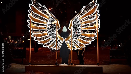 Person standing behind illuminated wings